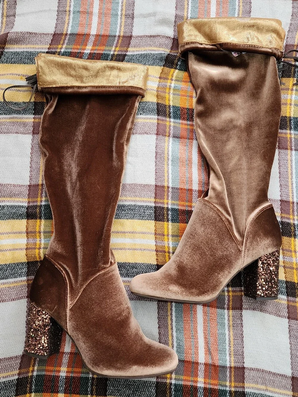 J. Renee Velvet Over The Knee Boots With Tassels And Glitter Block Heel.